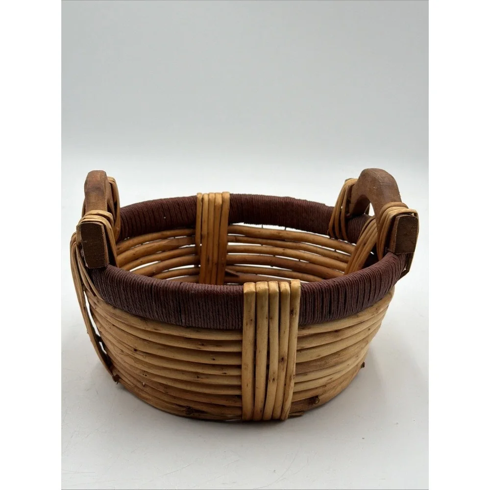 Vintage Gathering Basket Split Reed Jute Log Wood Handles Folk Art Rustic